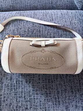 (Authentic) PRADA Beige Canvas and Leather Shoulder Bag pillow bag